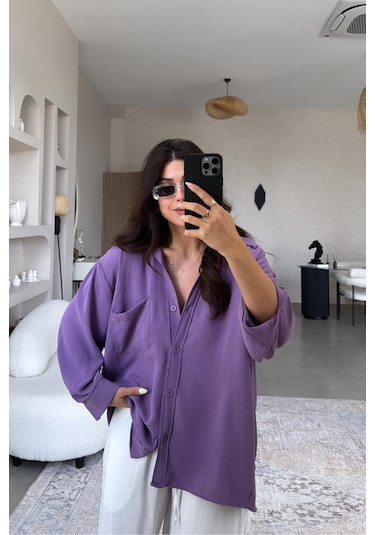 Paw Garage Kadın Flory Ayrobin Oversize Tek Cep Gömlek Mor