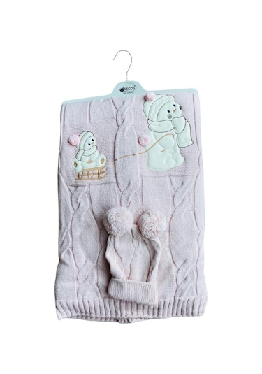 Recos Ayı Desenli Welsoftlu Şapkalı Bebek Battaniyesi Pembe