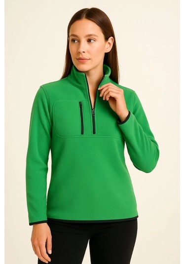 Polar Kazak Dik Yaka, Yarım Fermuarlı, Fermuarlı Göğüs Cepli, Siyah Biyeli, Kışlık Rahat Regular Fit Günlük Model - Yeşil Yeşil