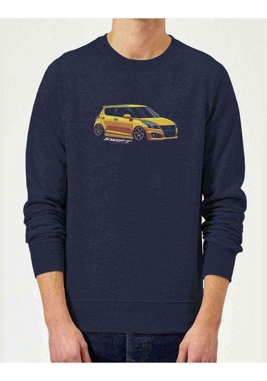 Suzuki Swift Baskılı Indigo Mavi Erkek Örme Sweatshirt