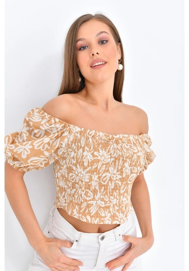 Kadın Çiçek Desenli Gipe Detay Balon Kol Crop Bluz CAMEL