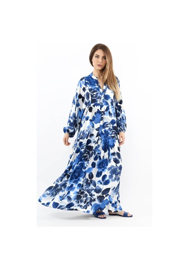 Prive Kadın Roses Mavi Viskon Maksi Boy Elbise Mavilacivertbeyaz