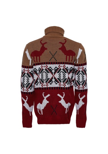 Geyik Desenli Yılbaşı Temalı Balıkçı Yakalı Kırmızı Bej Erkek Triko 001