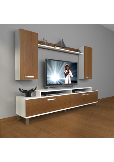 Decoraktiv Ekoflex 7 Slm Krom Ayaklı Tv Ünitesi Tv Sehpası Beyaz - Ceviz