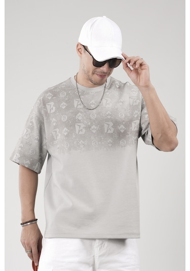 King-Brich Oversize Kalıp Logo Baskılı Bisiklet Yaka Basic Tişört Gri