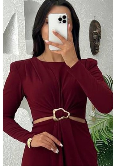 Neşeli Butik Kadın Bel Dekolteli Toka Detaylı Uzun Kollu Elbise Nbmy3655 Bordo