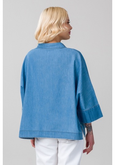 Kadın Gömlek Yakalı Yaka İndigo Mavi Kol Ucu Manşetli İnce Kot Kumaş Bluz Açık Mavi