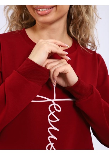 Bakr Textil Baskılı, İçsiz, Kapüşonsuz Oversize Sweatshirt 446720688 Bordo