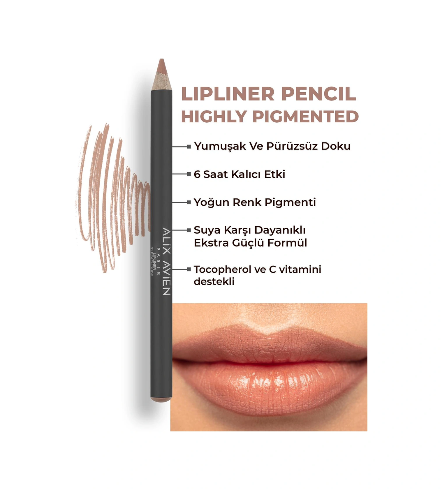 Alix Avien Uzun Süre Kalıcı Dağılma Yapmayan Nemlendirici Dudak Kalemi Lipliner Pencil 01 Peach Nude