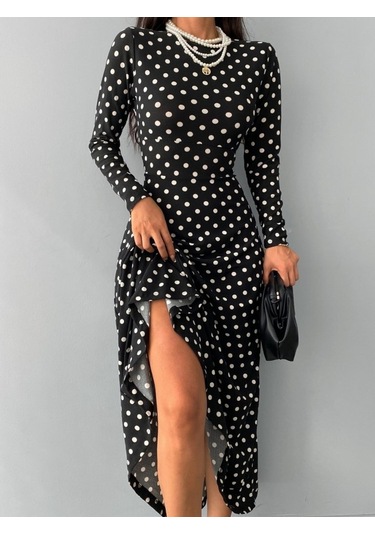 Kadın Krep Kumaş Uzun Kollu Tam Boy Puantiyeli Elbise 132 Cm Siyah