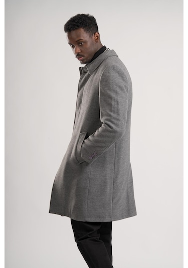 Yakalı Klasik Kesim Düğmeli Uzun Kaşe Erkek Kaban Gri