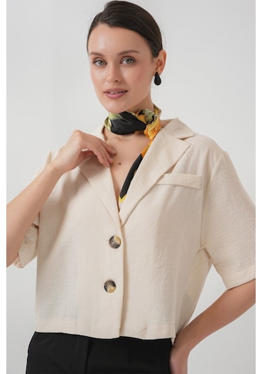0706 Crop Keten Ceket - M. Krem Krem