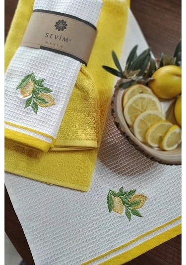 2 Li Mutfak Havlusu Sarı Renk & Limon Figürlü Kurulama Bezi - Yumuşak & Nakışlı Havlu Takımı Sarı