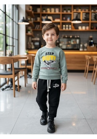 Zekids Erkek Çocuk Pamuklu Step Out Baskılı Eşofman Takımı-16348 Yeşil