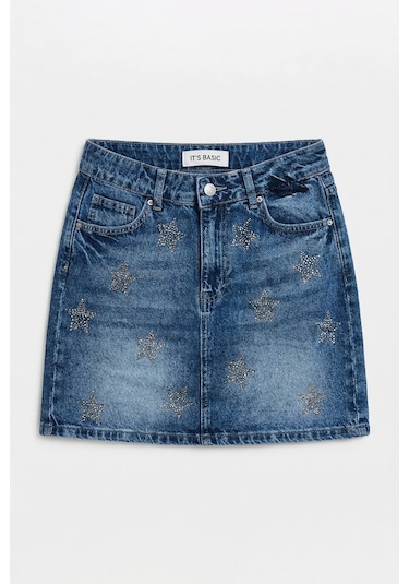 Itsbasic Kadın Mavi T-4s6-4 Straight Mini Parlak Yıldız Taşlı Özel Tasarım Denim Etek