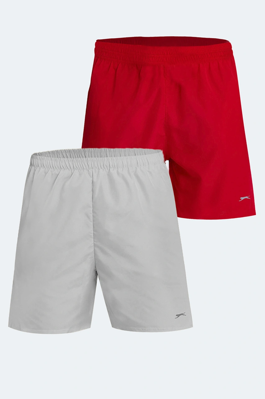 Slazenger Rabı 2 Li Set Erkek Cepli Deniz Şortu Gri - Kırmızı Mayo Gri - Kırmızı
