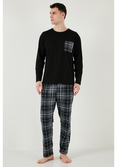 Buratti Ekoseli Cepli Beli Lastikli % 100 Pamuk Regular Fit Erkek Pijama Takımı 6572001 Siyah-Antrasit