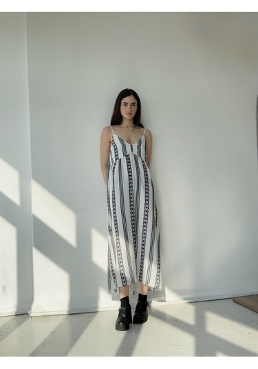 Retrobird Tasarım June Askılı Yırtmaçlı Elbise Kadın Siyah - Beyaz-13908 Siyah - Beyaz