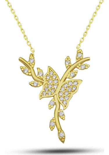 Gümüş Gold Daldaki Kelebek Kadın Kolye Gümüş