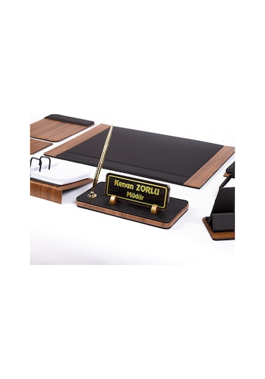 Atlantik Deri Sümen Takımı Masa İsimliği Ahşap Desen İsimlik Seti