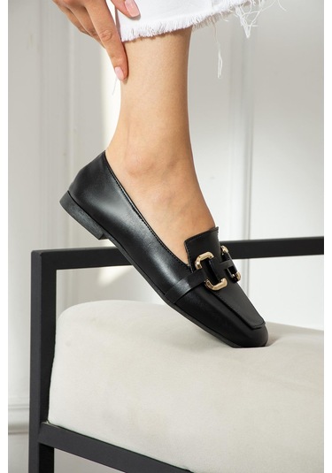 Zenneshoes Kadın Siyah Deri Babet Siyah 6 Cm