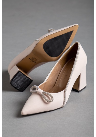 Saten Taşlı Kalın Topuk Ten Kadın Stiletto-2030-TEN