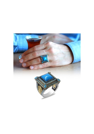 Kare Tasarım Firuze Taşlı Çevresi Mikro Zirkon Taş Mıhlamalı 925 (522640364)