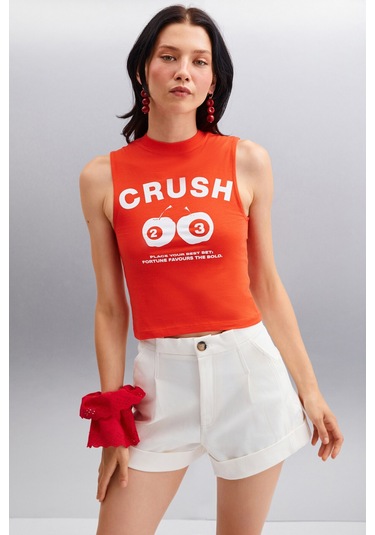 AZURA Kadın Baskılı Kısa Kollu Crop Kırmızı T-Shirt