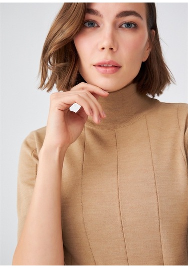 Peraluna Balıkçı Yaka Kısa Kollu Basic Kadın Triko Bluz Camel-Camel