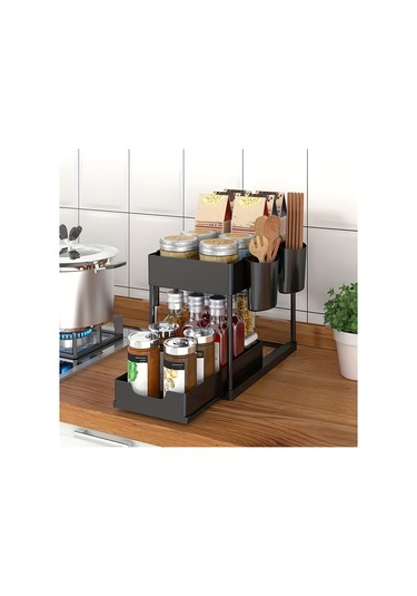 Geeroyoo Sıvıya Dayanıklı Çekmeceli Depolama Rafı, Çift Katlı Tasarım, Mutfak/banyo Kullanıma Uygun, 2 Çubukluk + 5 Kanca Hediyeli, Siyah H-tipi Siyah