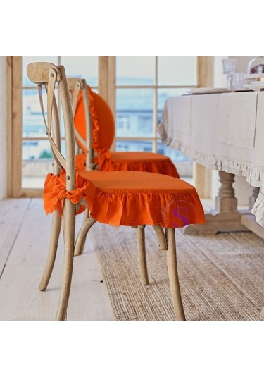 Turuncu Renk El Yapımı Buldan Yıkanmıs Keten 4 Tarafı Fırfırlı Sandalye Minderi Turuncu