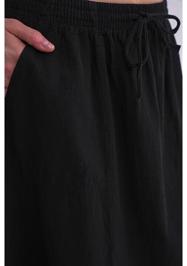 4633 Kadın Yandan Cepli Parçalı Etek Siyah Siyah