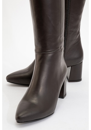 Sejas Kahverengi Hakiki Deri Kadın Topuklu Çizme Kahverengi