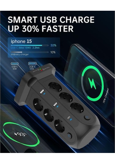 Kule Tipi Priz - Avrupa Standardı - 2 Type-c Portlu - 2 Metre Kablolu - 12 Yuvalı Um46021-1 Yurt Dışından 2 Metre