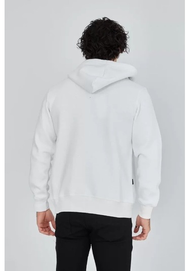 Unisex Tam Fermuarlı Kapşonlu Sweatshirt - Beyaz Anrasit