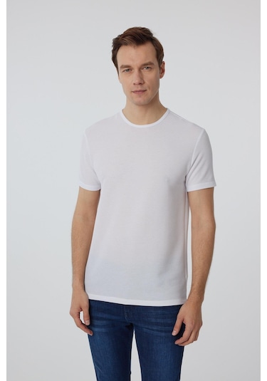 Süvari Beyaz Slim Fit Armürlü Bisiklet Yaka Tişört-37336 Beyaz