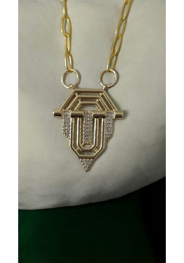 Altın Renk Geometrik Figürlü Zirkon Taşlı Kolye Altın