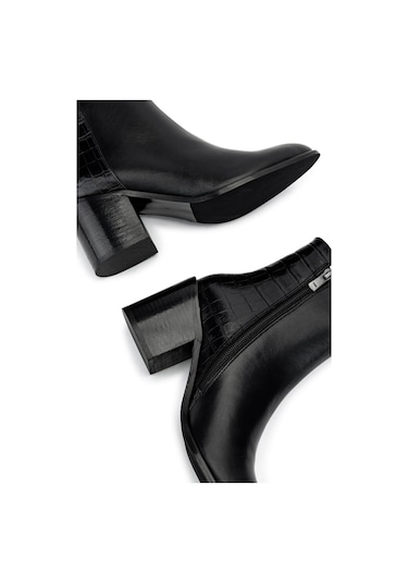 Tamer Tanca Kadın Hakiki Deri Siyah Topuklu Bot 33 551 Bn Bot Sk24-25 Syh Dr/kroko Siyah Deri