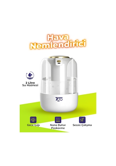 7go 7g-uhd1 Ultrasonik Çift Çıkışlı Hava Nemlendirici 2l Su Kapasiteli, Usb-c, Led Işıklı, Sessiz