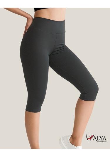 Diz Altı Kapri Tayt Yüksek Bel Likralı Parlak Dalgıç Kumaş, Antrasit Füme Antrasit