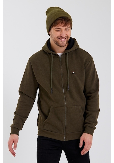 Polostate Erkek Fermuarlı Kanguru Cep 3 İplik Sweatshirt Haki