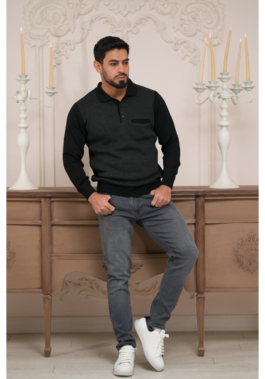 Woolen World Polo Yaka Cepli Armürlü Yünlü Erkek Triko Kazak Siyah