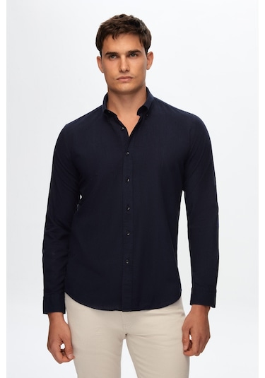D'S Damat Ds Damat Slim Fit Lacivert Düğmeli Yaka %100 Pamuk Yazlık Flamlı Keten Görünümlü Gömlek 6HC02ORT63265 Lacivert