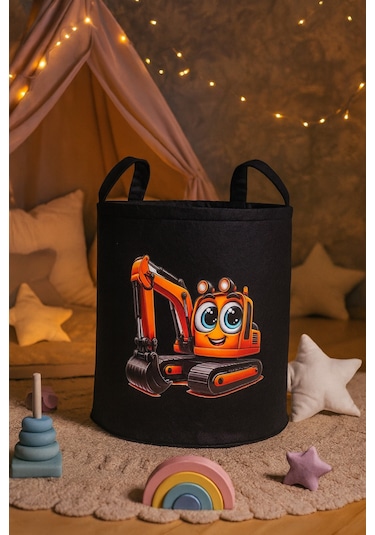 Siyah Keçe Oyuncak Sepeti Çizgi Film Kepçe Desenli, Katlanabilir Kulplu, Çocuk Odası Düzenleyici Siyah