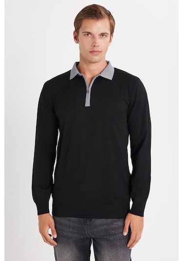 Erkek Standart Fit Uzun Kol Yarım Fermuarlı Polo Yaka Siyah Kazak-35798 Siyah