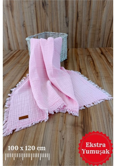 4 Kat Müslin Mint Yeşil Saçaklı Bebek Battaniyesi 100x120 Cm- %100 Pamuklu & Çok Amaçlı Battaniye Pembe