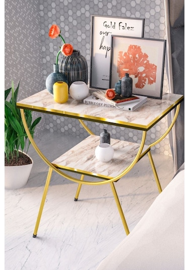 Yan Sehpa Komodin Metal Ayak Çift Gold Efes 1979 Beyaz Mermer Desen