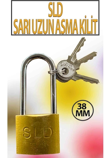 Uzun Tip Kancalı Sarı Asma Kilit 38 Mm 3 Anahtarlı