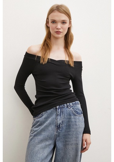 Kayık Yaka Bluz Siyah Siyah