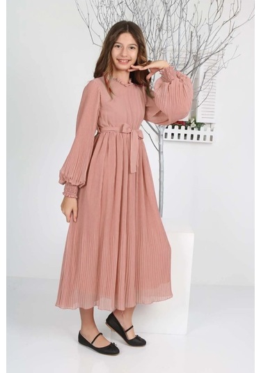 Kız Çocuk Uzun Boydan Pliseli Şifon Elbise Pudra